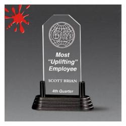 Acrylic Pop-corners Award, 3/8" Thick clear or jade acrylic, 4.88" wide x 7.5" tall x .380" deep