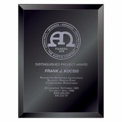 Beveled Black Glass Plaque, 1/4" thick beveled glass, 6" wide x 8" tall