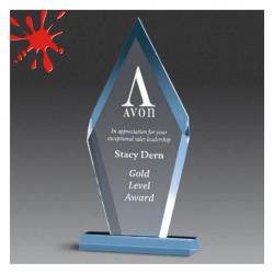 Acrylic Arrowhead Award, 3/4" Thick clear, jade or blue acrylic, 6" wide x 12.75" tall x 2" deep