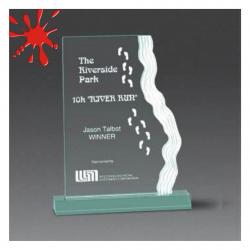 Acrylic Waterfall Award, 3/4" Thick clear, jade or blue acrylic, 7.5" wide x 9.75" tall x 2" deep