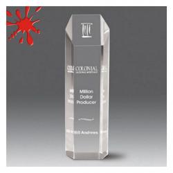 Acrylic Hexagon Tower Award, 2" Thick gold or clear acrylic, 3" wide x 12" tall x 2" deep