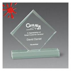 Acrylic Diamond Jewel Bevel Award, 3/4" Thick clear, jade or blue acrylic, 6.5" wide x 7.75" tall x 2" deep