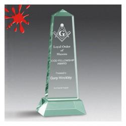 Acrylic Obelisk Award, 1.5" Thick clear or jade acrylic, 4.5" wide x 11" tall x 1.5" deep