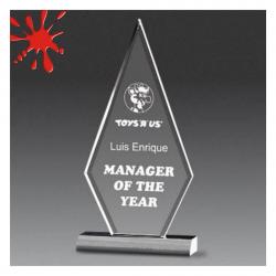 Acrylic Beveled Apex Award, 3/4" Thick clear, jade or blue acrylic, 6.5" wide x 12" tall x 2" deep