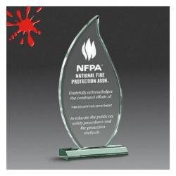 Acrylic Beveled Flame Award, 3/4" Thick clear, jade or blue acrylic, 6.5" wide x 12.5" tall x 2" deep