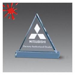Acrylic Beveled Triangle Award, 3/4" Thick clear, jade or blue acrylic, 9" wide x 8.75" tall x 2" deep