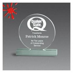 Acrylic Circle Award, 3/4" Thick clear, jade or blue acrylic, 5.5" wide x 5.75" tall x 2" deep