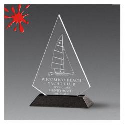 Acrylic Pop-triangle award, 3/8" Thick clear or jade acrylic, 4.88" wide x 7.5" tall x .380" deep