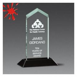 Acrylic Pop-frosted Arrow Award, 3/8" Thick clear or jade acrylic, 4.88" wide x 7.5" tall x .380" deep