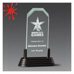 Acrylic Pop-frosted Corners Award, 3/8" Thick clear or jade acrylic, 4.88" wide x 7.5" tall x .380" deep