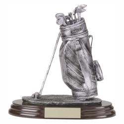 Golf Bag Resin Trophy, pewter with gold accents, 7.5" High