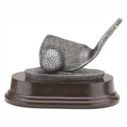 Golf Club Wedge Resin Trophy, pewter with gold accents, 4" High