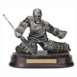 Ice Hockey Goalie Resin Trophy, pewter with gold accents, 7" High
