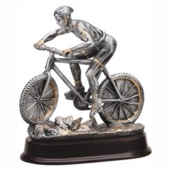 Mountain Cycling (male) Resin Trophy, pewter with gold accents, 9.5" High
