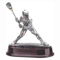 Lacrosse (male) Resin Trophy, pewter with gold accents, 8" High
