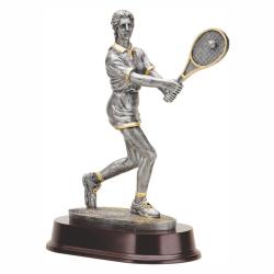 Tennis (female) Resin Trophy, pewter with gold accents, 10" High