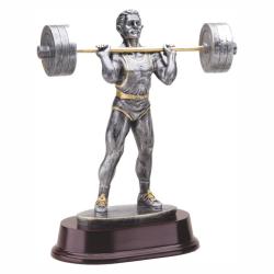 Weightlifter (press) Resin Trophy, pewter with gold accents, 9" High