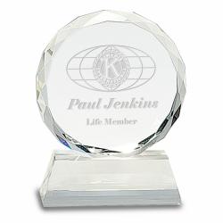 Crystal Round Facet Award, 3/4" Thick Optical Crystal, 4" wide x 5" tall x 2" deep