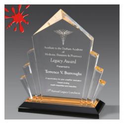 Arrow Impress Acrylic Award, 1" Thick clear acrylic, 6" wide x 9" tall x 2.5" deep