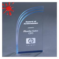 Blue Wave Acrylic Award, self-standing 1" thick clear acrylic, 4" wide x 8" tall x 1" deep