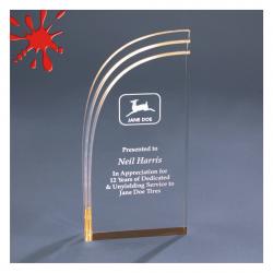 Gold Wave Acrylic Award, self-standing 1" thick clear acrylic, 4" wide x 8" tall x 1" deep