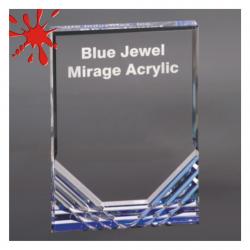 Blue Jewel Mirage Acrylic award, self-standing 1" thick clear acrylic, 5" wide x 7" tall x 1" deep