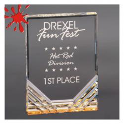 Gold Jewel Mirage Acrylic award, self-standing 1" thick clear acrylic, 5" wide x 7" tall x 1" deep