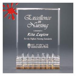 Gold Mirage Acrylic Award, self-standing 1" thick clear acrylic, 5" wide x 7" tall x 1" deep