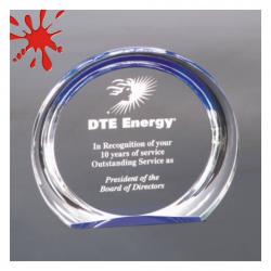 Round Blue Halo Acrylic Award, self-standing 1" thick clear acrylic, 7" wide x 6.375" tall x 1" deep