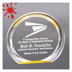 Round Gold Halo Acrylic Award, self-standing 1" thick clear acrylic, 7" wide x 6.375" tall x 1" deep