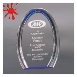 Oval Blue Halo Acrylic Award, self-standing 1" thick clear acrylic, 5.5" wide x 8" tall x 1" deep