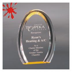 Oval Gold Halo Acrylic Award, self-standing 1" thick clear acrylic, 5.5" wide x 8" tall x 1" deep