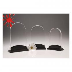 Acrylic Tombstone with Black Base, 5/8" clear acrylic w/black acrylic base, 5.5" wide x 7.75" tall x 2" deep
