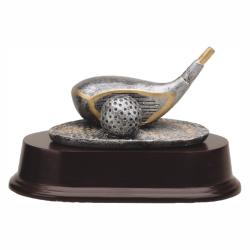 Golf Club Driver Resin Trophy, pewter with gold accents, 4" High