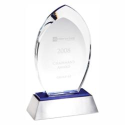 Crystal Blue Flare award, 3/4" Thick Optical Crystal, 6" wide x 9.5" tall x 2.5" deep
