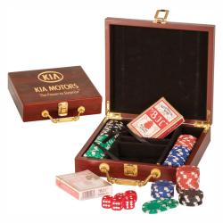 Rosewood Finish 100 Chip Poker Set award, 8.25" wide x 7.5" tall x 2" deep