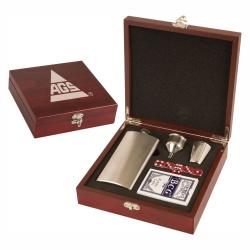 Rosewood Finish Flask Set award, 8.25" wide x 8.25" tall x 2.375" deep