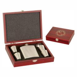 6 oz Stainless Flask Set in Wood Box, 9.5" wide x 7.125" tall x 2" deep