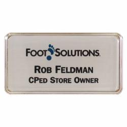 3 x 1.5 Framed Badge with Epoxy, epoxy not recommended on white aluminum, Silver frame with magnet