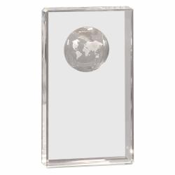 Crystal Rectangle with Globe award, 4.5" wide x 8" tall x 1.25" deep