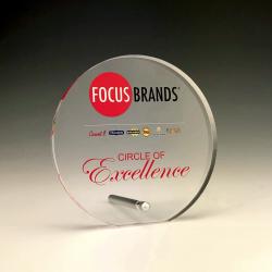 Round Standing Acrylic Award, 3/8" Thick clear acrylic, 5" wide x 4.875" tall x .375" deep