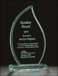 Jade Glass Flame Award, 1/2" thick jade glass, 4.625" wide x 8.5" tall x 2" deep
