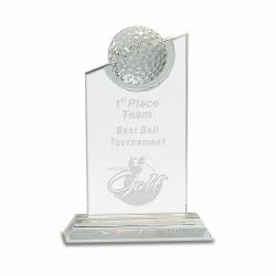 Crystal with Inset Golf Ball award, 3/4" Thick Optical Crystal, 6" wide x 9.5" tall x 2" deep