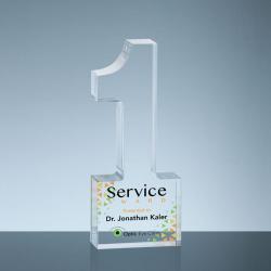 Acrylic #1 Service Award, 1" thick clear acrylic, 2.5" wide x 6" tall x 1" deep