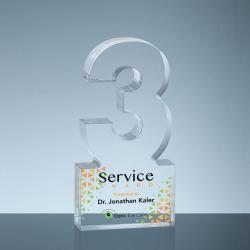 Acrylic #3 Service Award, 1" thick clear acrylic, 3" wide x 6" tall x 1" deep