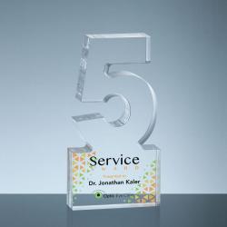 Acrylic #5 Service Award, 1" thick clear acrylic, 3.25" wide x 6" tall x 1" deep