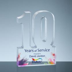 Acrylic #10 Service Award, 1" thick clear acrylic, 4.25" wide x 6" tall x 1" deep