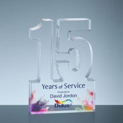 Acrylic #15 Service Award, 1" thick clear acrylic, 4.25" wide x 6" tall x 1" deep