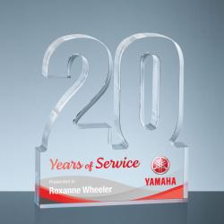 Acrylic #20 Service Award, 1" thick clear acrylic, 5.5" wide x 6" tall x 1" deep