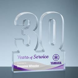 Acrylic #30 Service Award, 1" thick clear acrylic, 5.5" wide x 6" tall x 1" deep